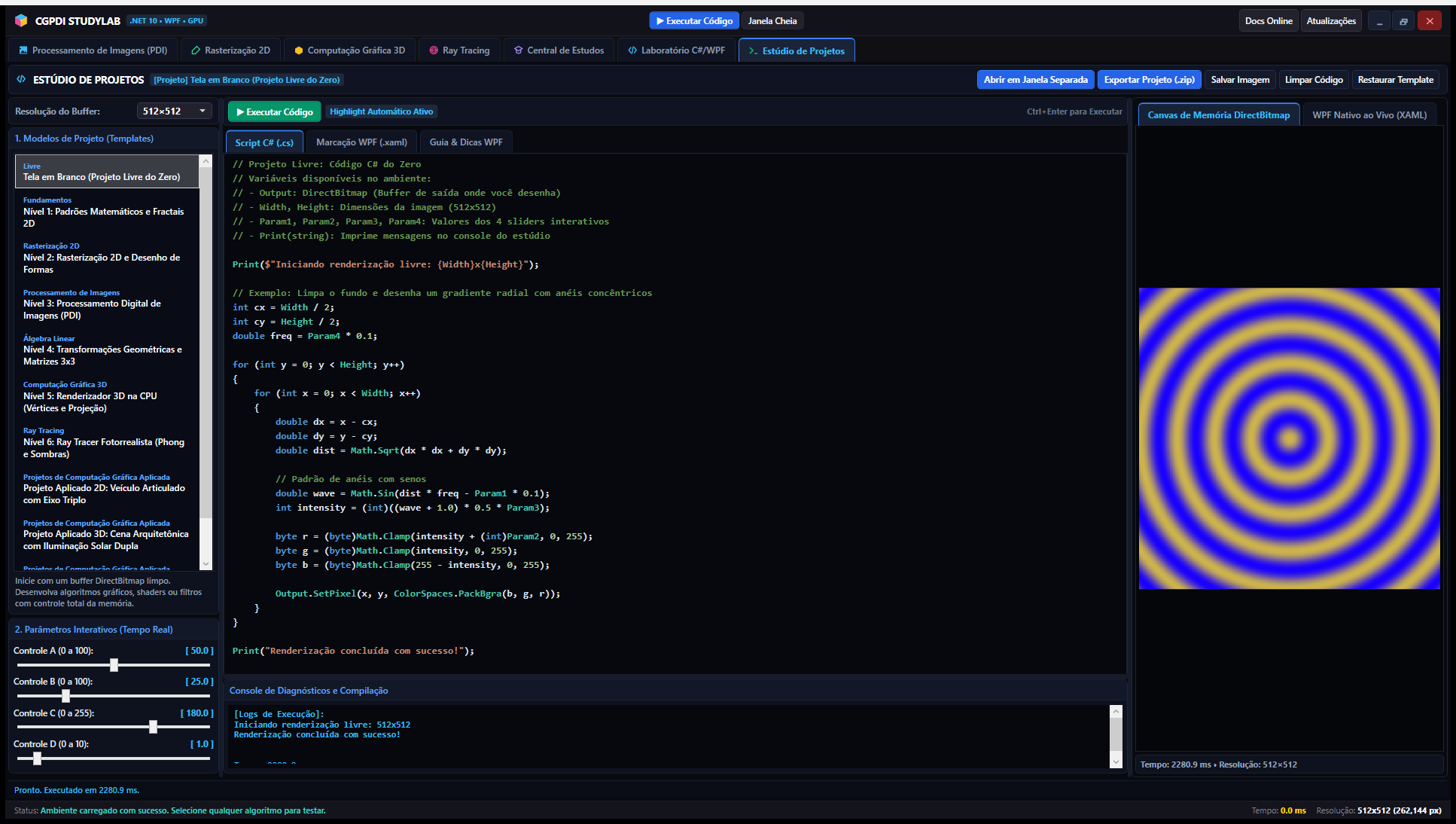 Estúdio de Projetos — janela dedicada maximizável com layout retrátil e exportador Visual Studio 2022